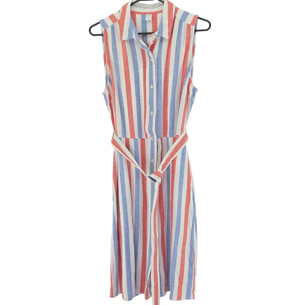 Old Navy Shirt Dress Womens Medium Red White Blue Striped Sleeveless Belted Midi